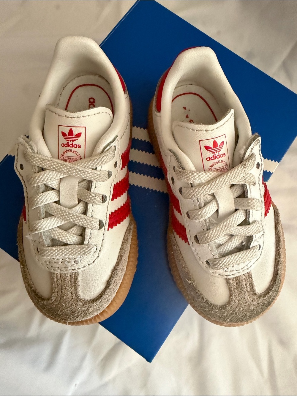 adidas Kids White Sneakers with Red Three-Stripes and Gum Sole